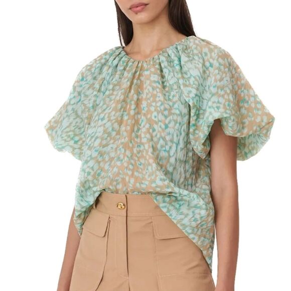 Tanya Taylor Jordan Top Blouse Short Sleeve Green Tan Women's Size Large - Picture 1 of 15